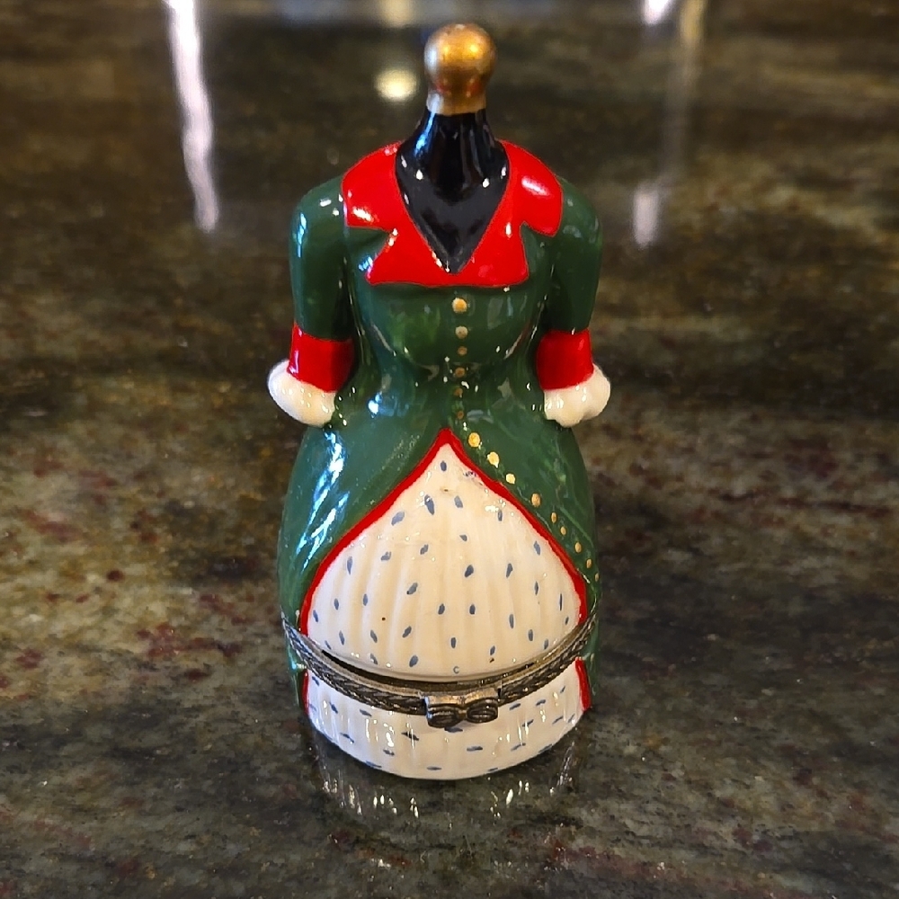Vintage Victorian Green and Red Dress Figurine Trinket Pill Box